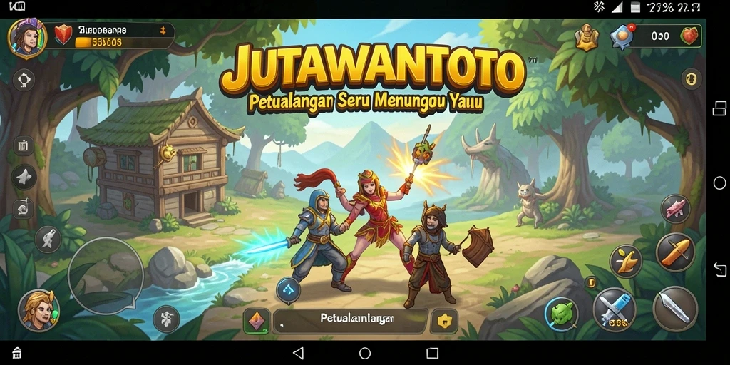 Tampilan antarmuka JUTAWANTOTO dengan karakter dan lingkungan yang menarik.