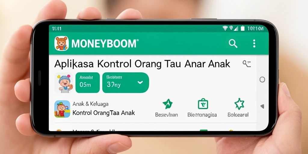Screenshot utama MONEYBOOM menunjukkan antarmuka kontrol orang tua yang sederhana dan efektif.